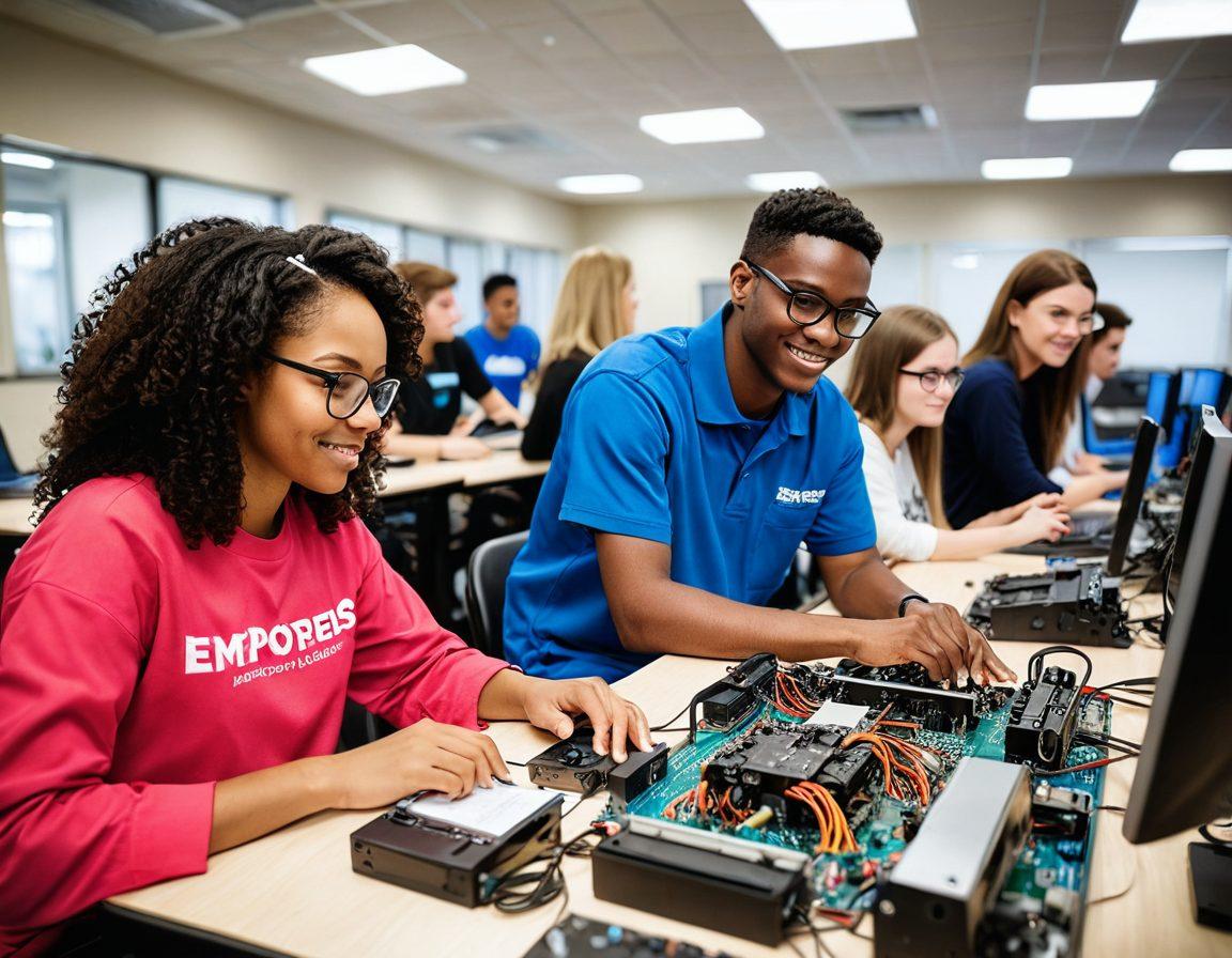 A diverse group of individuals engaged in hands-on technical training, set in a modern educational facility, showcasing cutting-edge technology like robotics and advanced computing systems. Vibrant and motivational atmosphere with instructors guiding students and a visible tagline 'Empower Your Future'. Super-realistic. vibrant colors. modern design.