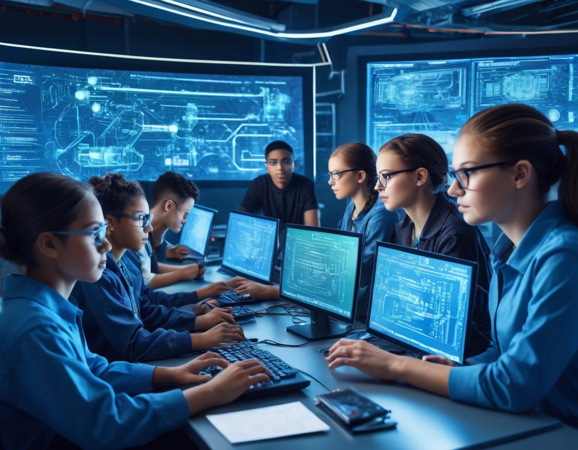 A diverse group of enthusiastic students in a high-tech classroom, interacting with advanced machinery and computer screens showing complex code and designs. The background features banners with motivational phrases like 'Unlock Your Potential' and futuristic elements symbolizing innovation. super-realistic. vibrant colors. tech-themed.