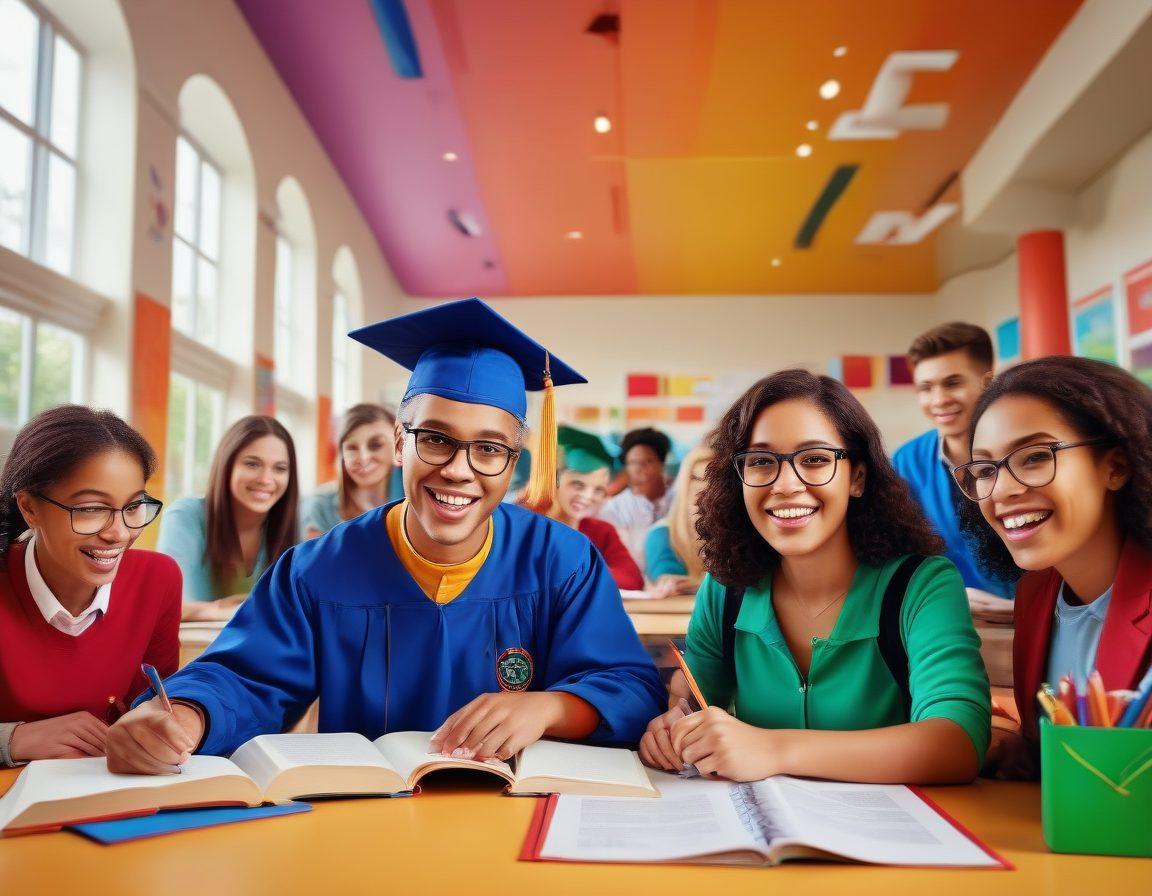 A diverse group of individuals of varying ages enthusiastically engaged in learning activities, surrounded by educational symbols like diplomas, associate degrees, and textbooks at a vibrant college campus. Illustrate a friendly instructor guiding them with icons of lifelong learning pathways hovering in the background. Super-realistic. Vibrant colors.